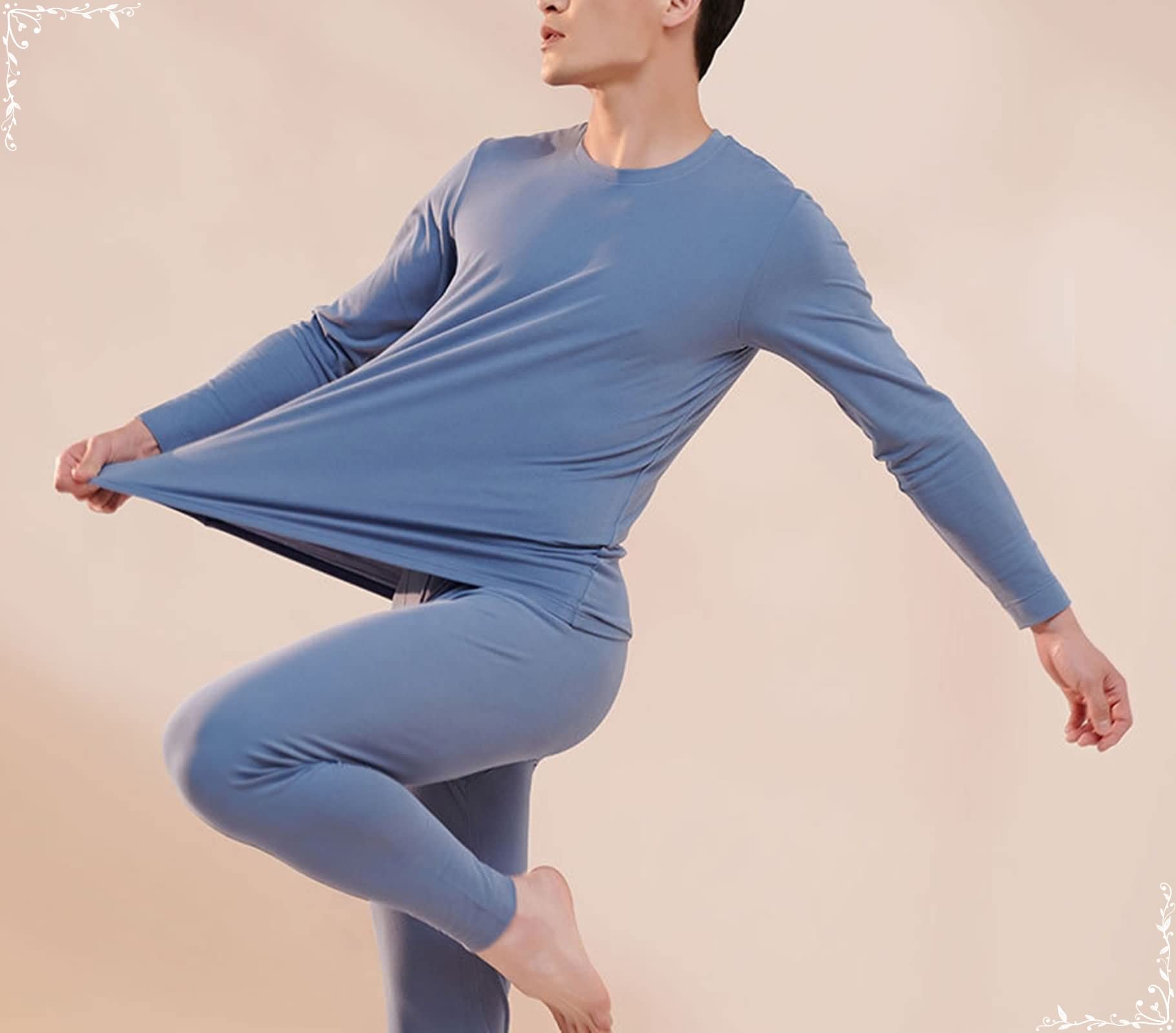 Ropa Termica Hombre, Algodón Set Ropa Termica Azul lacustre, Cuello Redondo Camiseta y Pantalon Termica Manga Larga Múltiples Tamaños