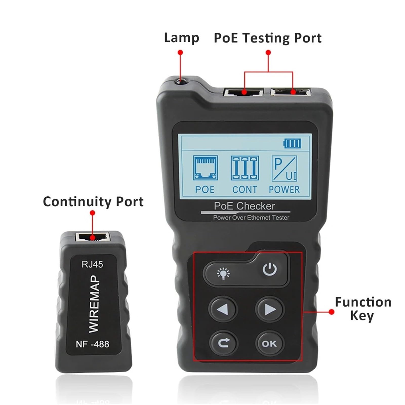 Comprobador de cables red, prueba conmutador PoE en línea, voltaje, polaridad, rastreador, herramienta bucle con pantalla LCD Pruebas de transmisión