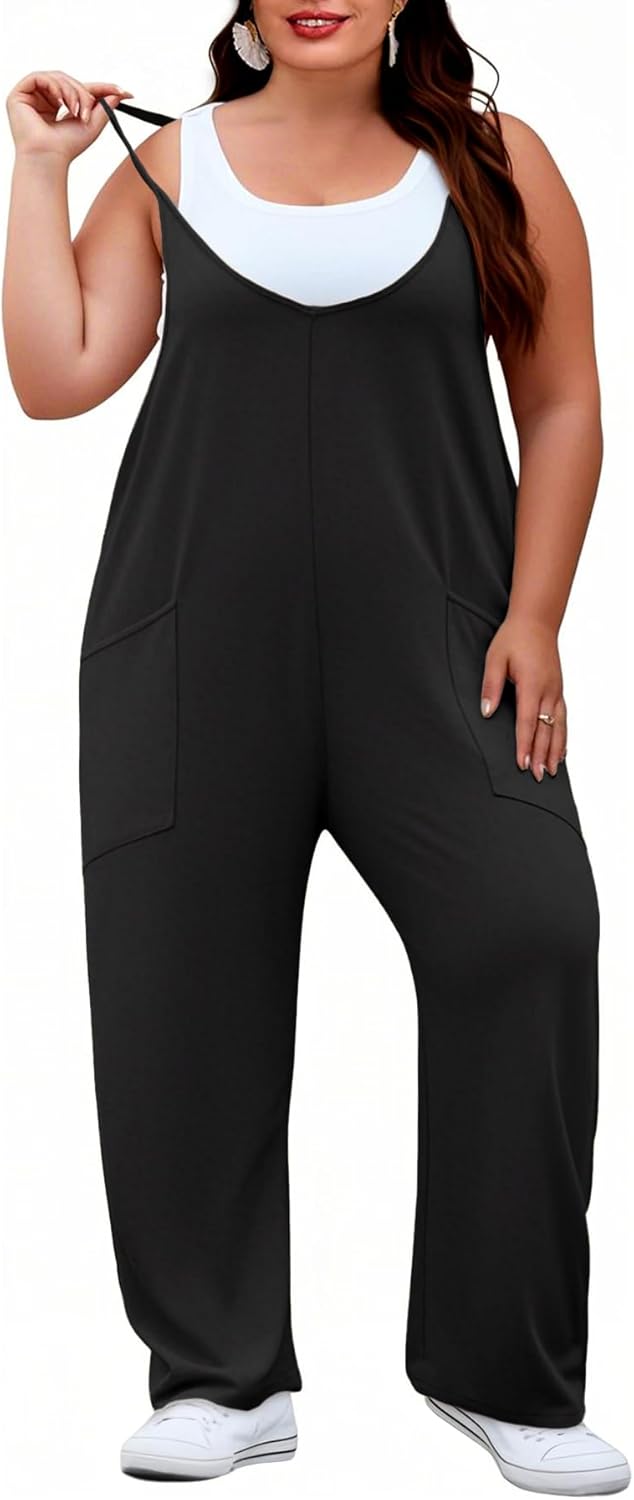Women's Plus Size Jumpsuit Summer Casual Sleeveless Overalls Adjustable Strap Loose Fit Rompers With Pockets - Image 2