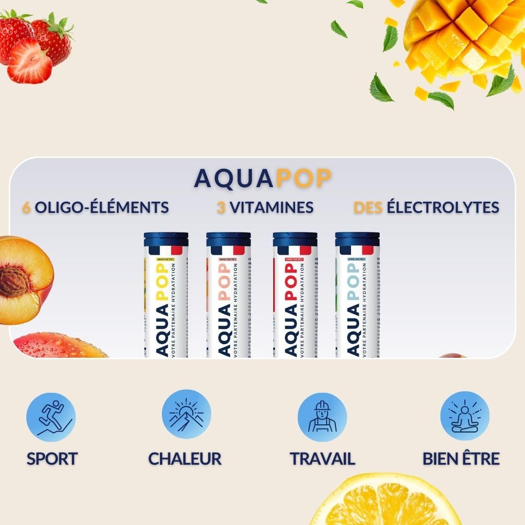 AQUAPOP - Pastilles électrolytes - Pack de 4 tubes - Sans Sucres - Favorise l'hydratation et l'énergie - 80 Comprimés Minéraux et Vitamines - Sport & Bien-être - 4 Pack