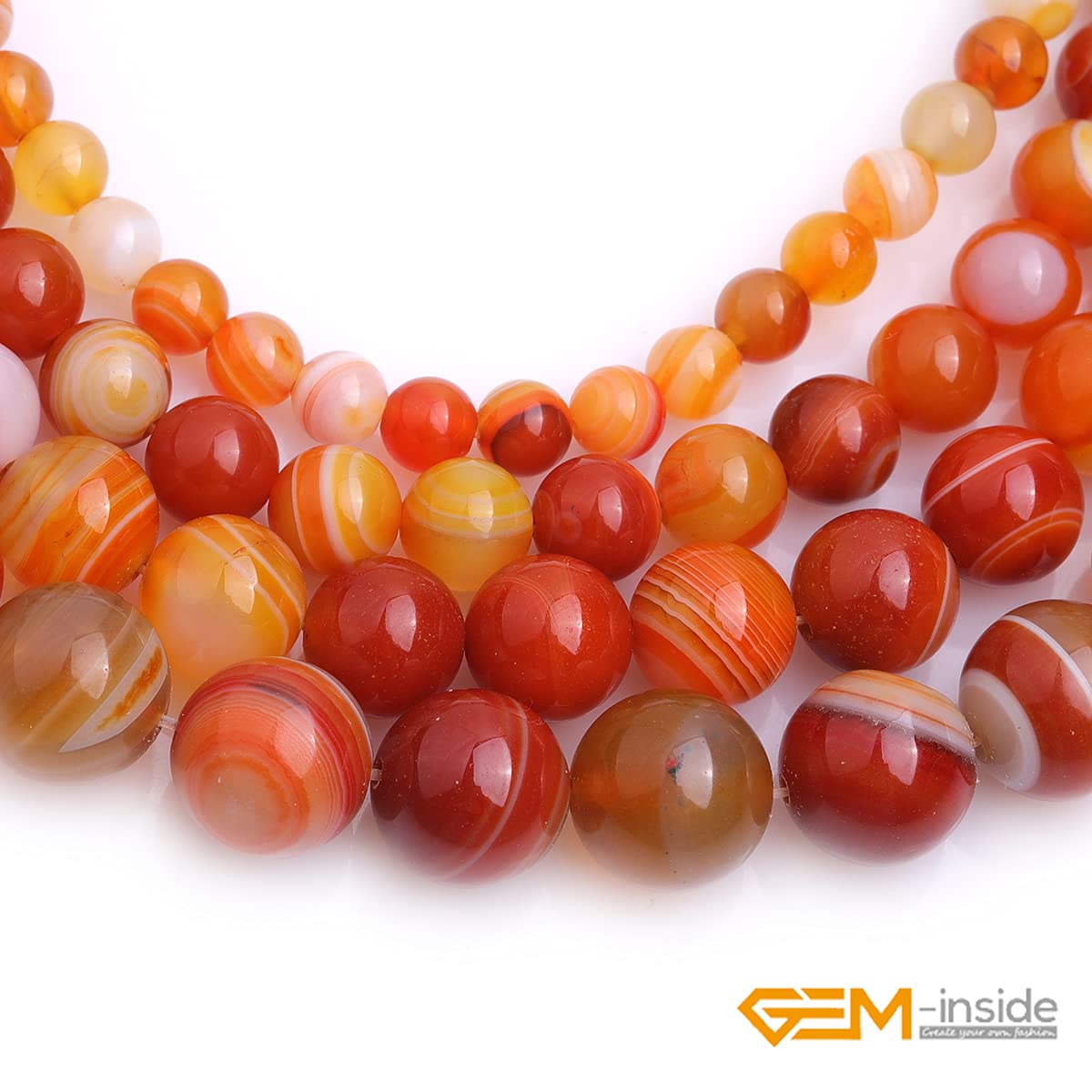 Perles Rondes En Agate Rayée Orange Naturelle - Tailles 6,8,10,12 Mm - En Vrac Pour Création Bijoux