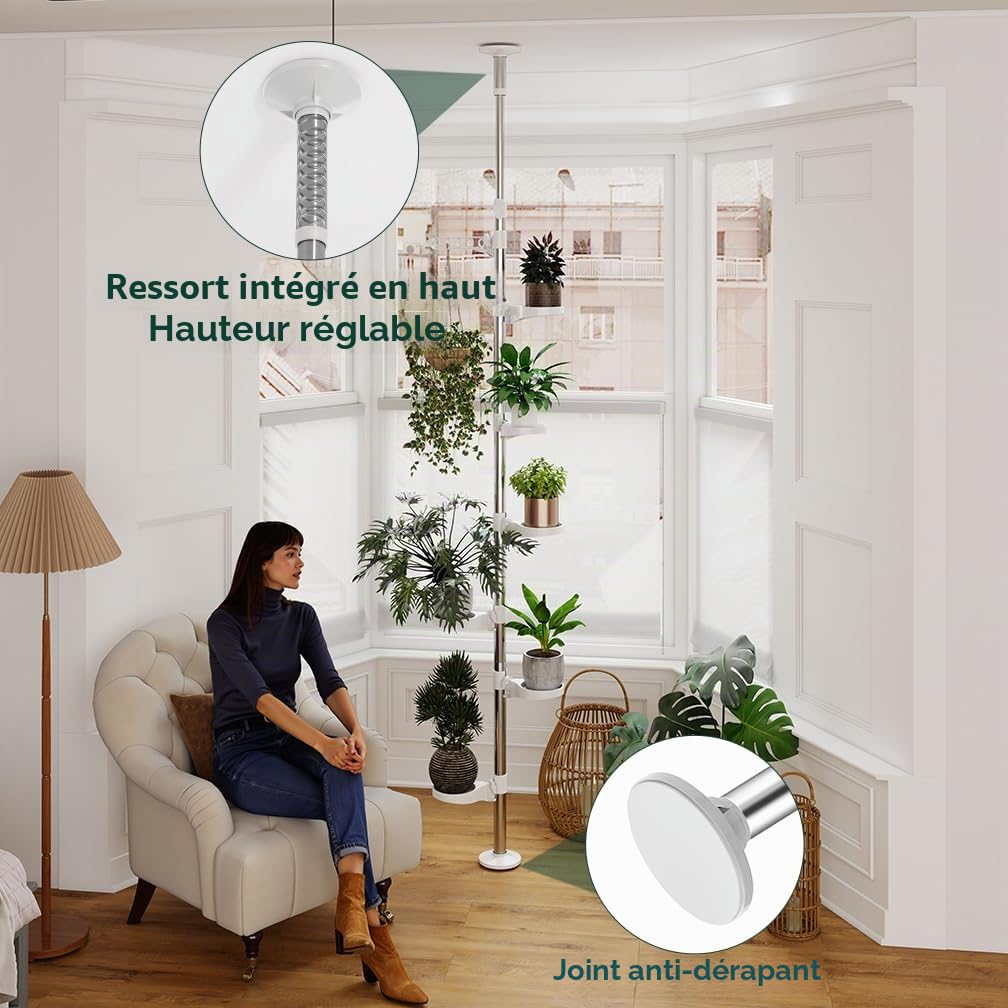 Hershii Pied de tension à 7 couches pour plantes - Décoration d'intérieur - Support de pot de fleurs en métal - Support de présentation du sol au plafond - Économie d'espace - Ivoire