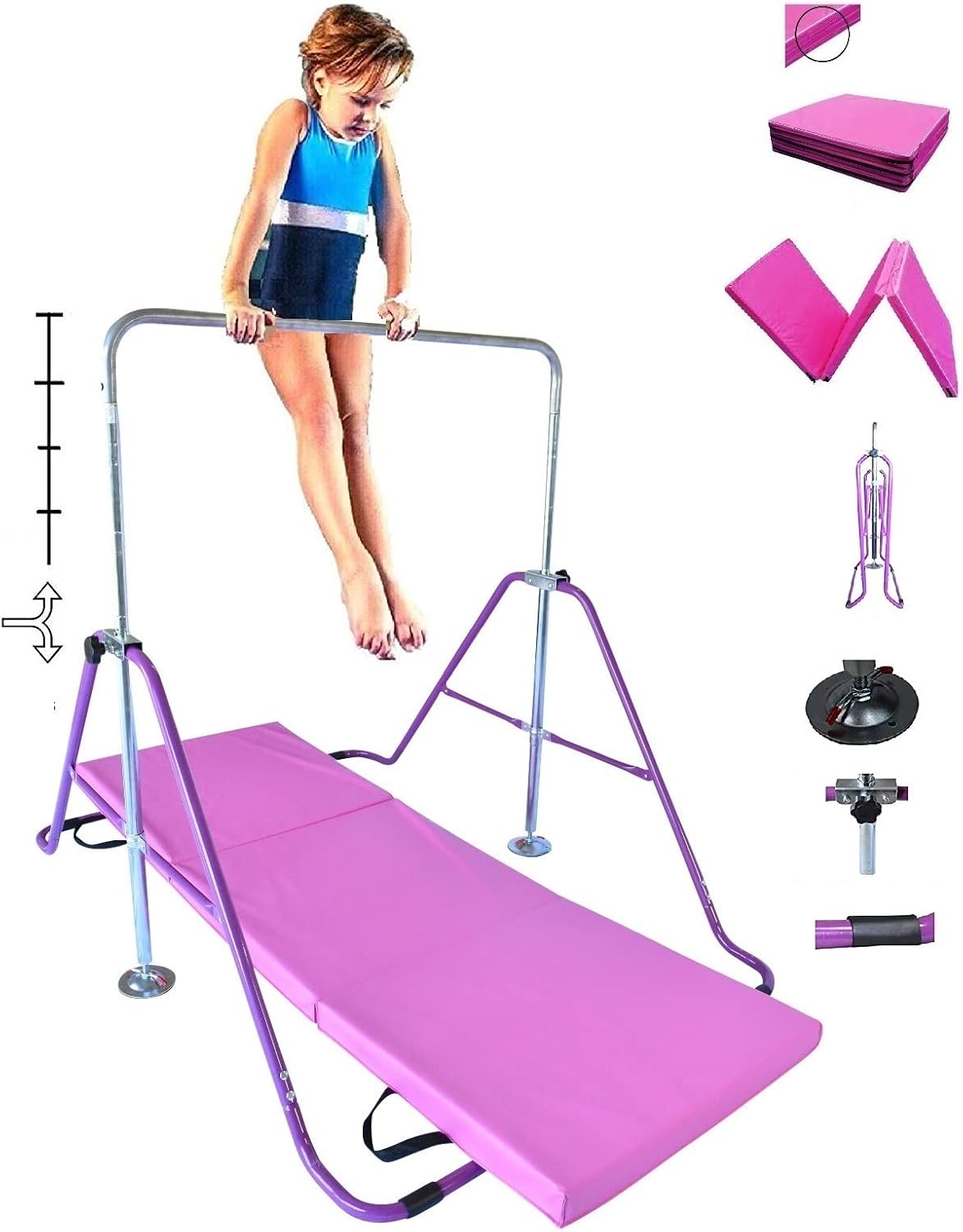 Gymnastics Training Kip Bar for Kids with 6'x2' Tumble Mat | Height Adjustable Horizontal Bar Indoor Home Gym | Folding Jungle Gym Monkey Bar Junior Gymnastic Training Bar Gymnastic Equipment (Purple)