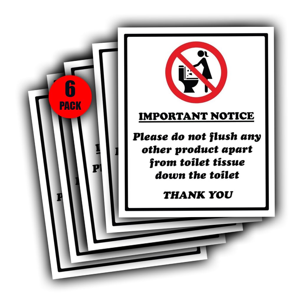 Do Not Flush Sanitary Products, Wipes Down Toilet - 6 Pack - Waterproof Vinyl Toilet Sticker Sign