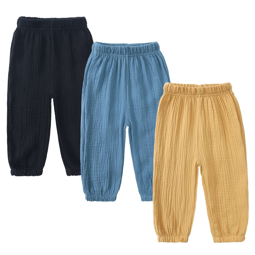 Kids Tales 3 Pack Boys Girls Cotton Linen Pants Child Basic Plain Solid Trousers Big Kids Elastic Waist Long Pants Bloomers