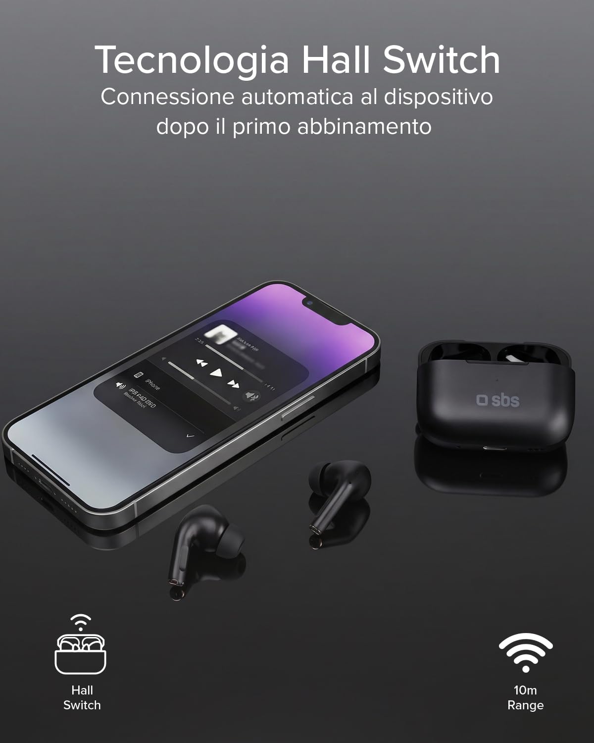 SBS Air Kab Max TWS Cuffie Auricolari In-Ear True Wireless Stereo | Custodia con Ricarica Wireless, Hall Switch, Dual Leader, Comandi Touch, per Smartphone, Tablet, Laptop, Autonomia 5h, Nero