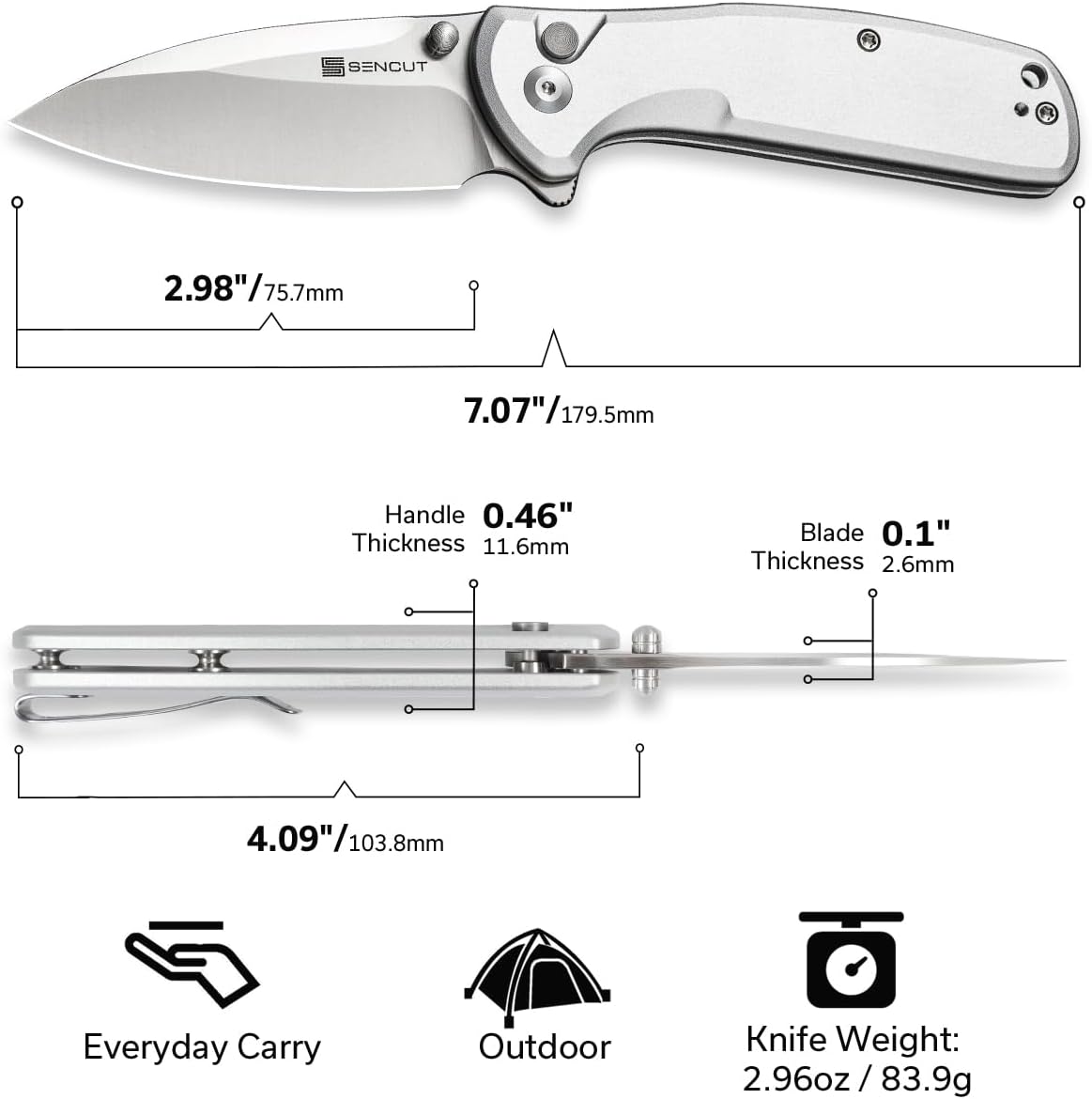 SENCUT ArcBlast Button Lock Knife for EDC, Folding Pocket knife with Aircraft-grade Aluminum Handle and 2.98" 9Cr18MoV Blade, Outdoor Gift for Men and Women S22043B-2 (Silver)