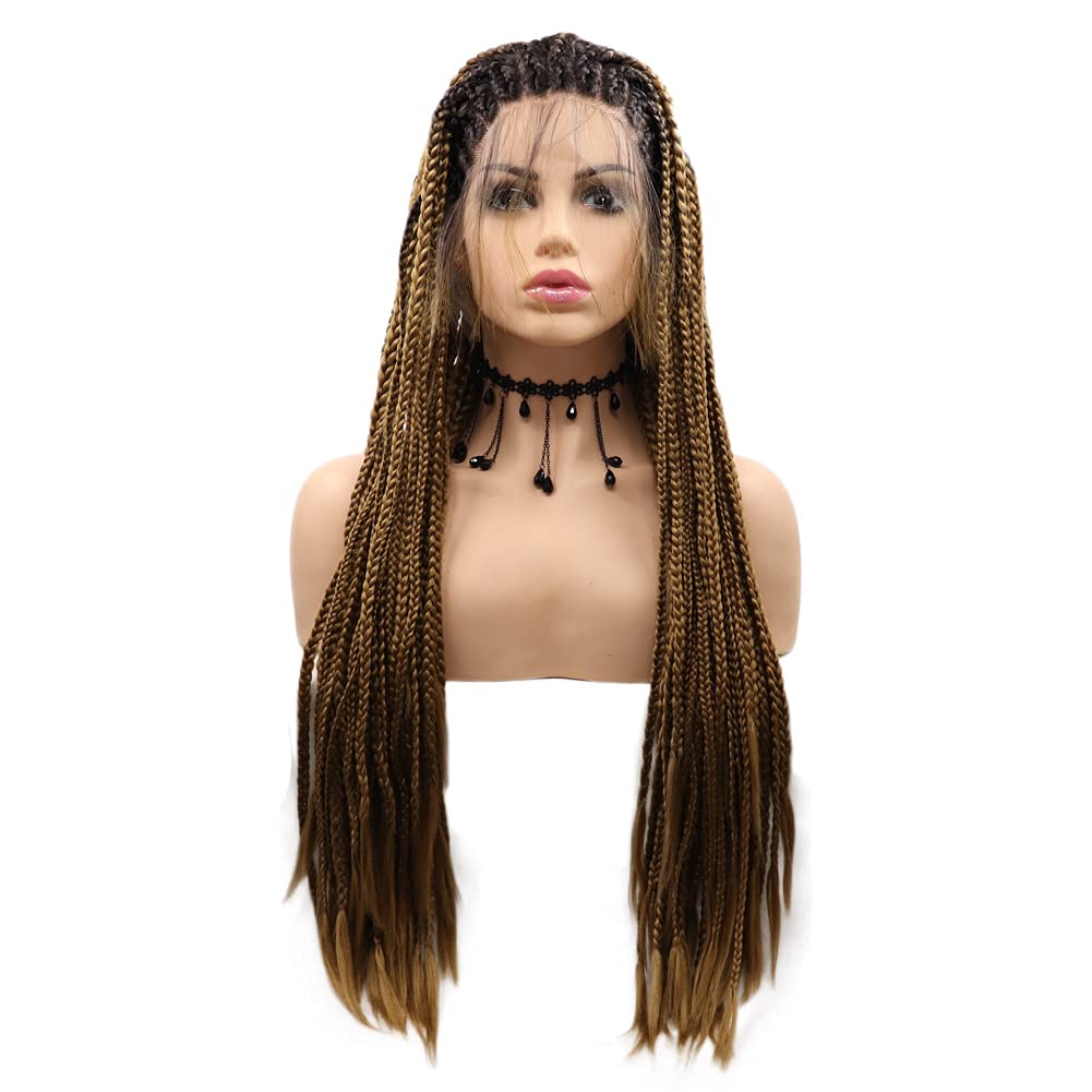 Kalisa Brown Lace Front Braided Wig High Temperature Synthetic Dark Root Wig for Women Heat Resistant Fully Handmade Daily Wear Braiding Wigs 26 Inches (Natural Looking)