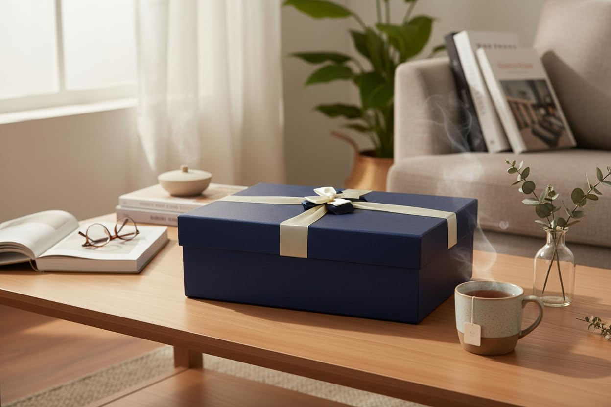 Emartbuy Set Von 3 Geschenkbox, Blaue Box Mit Deckel Und Cremefarbenes Satinband