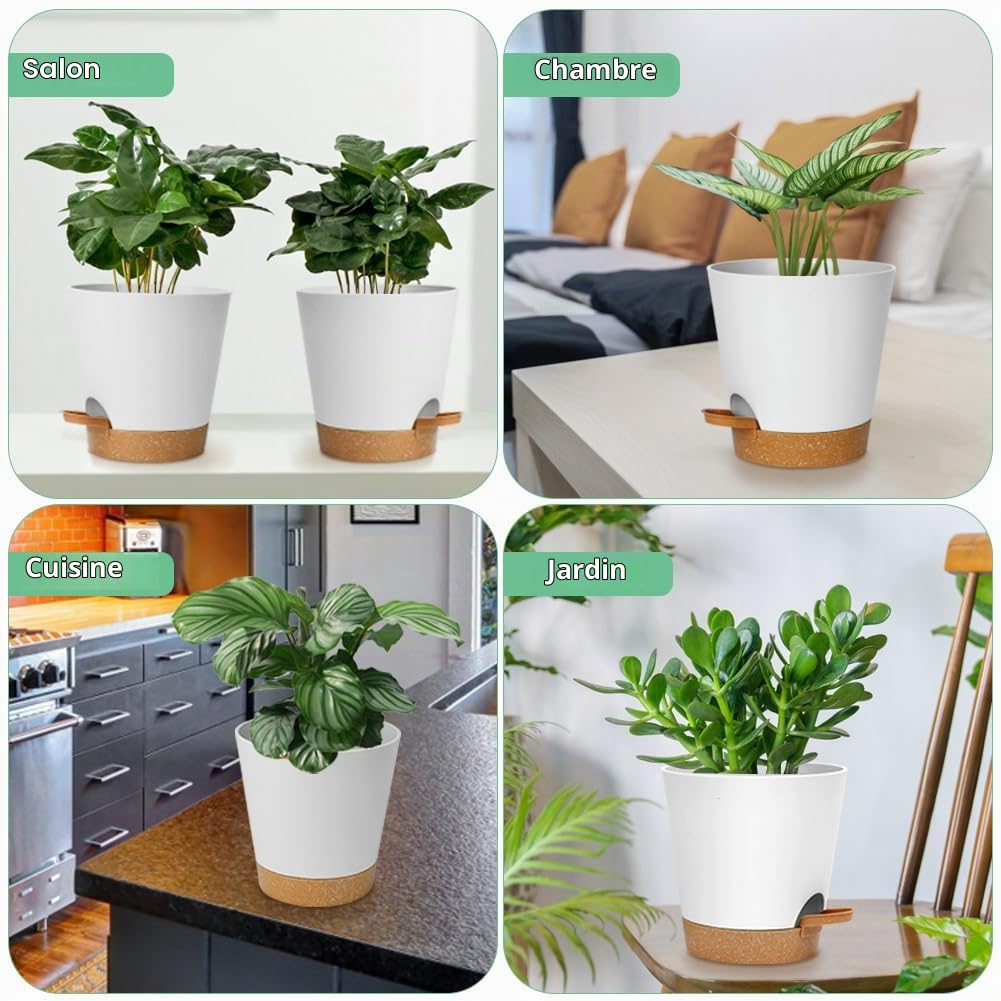 OFFCUP Lot de Pot de Fleur en Plastique, 6pcs Pots de Fleurs Auto-Arrosant, Pots de Plantes avec Trous De Drainage et Soucoupes Amovible pour d'Intérieur et d'Extérieur Jardins de Balcon -Blanc 20cm
