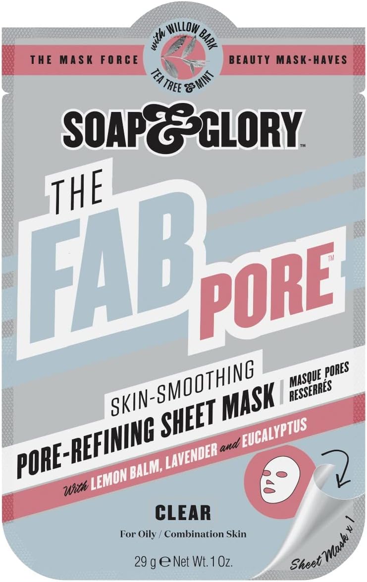Soap & GloryThe Fab Pore Refining Sheet Face Mask for Oily Skin - Tea Tree + White Willow Bark to Draw Out Impurities + Smooth Skin - Pore Minimizing Sheet Mask (1 oz)