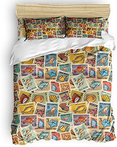 PartyShow 4 Piece Bed Sets Full, Sea Postmark Underwater World Stamp Bedroom Comforters Cover Bed Sheet with 2 PC Pillowcases for Girls/Boys/Kids/Bedroom Vintage Cartoon Colorful Postage Stamp