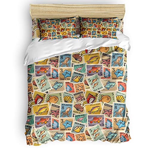 Partyshow 4 Piece Bed Sets Full, Sea Postmark Underwater World Stamp Bedroom Comforters Cover Bed Sheet With 2 Pc Pillowcases For Girls/Boys/Kids/Bedroom Vintage Cartoon Colorful Postage Stamp #TOP2