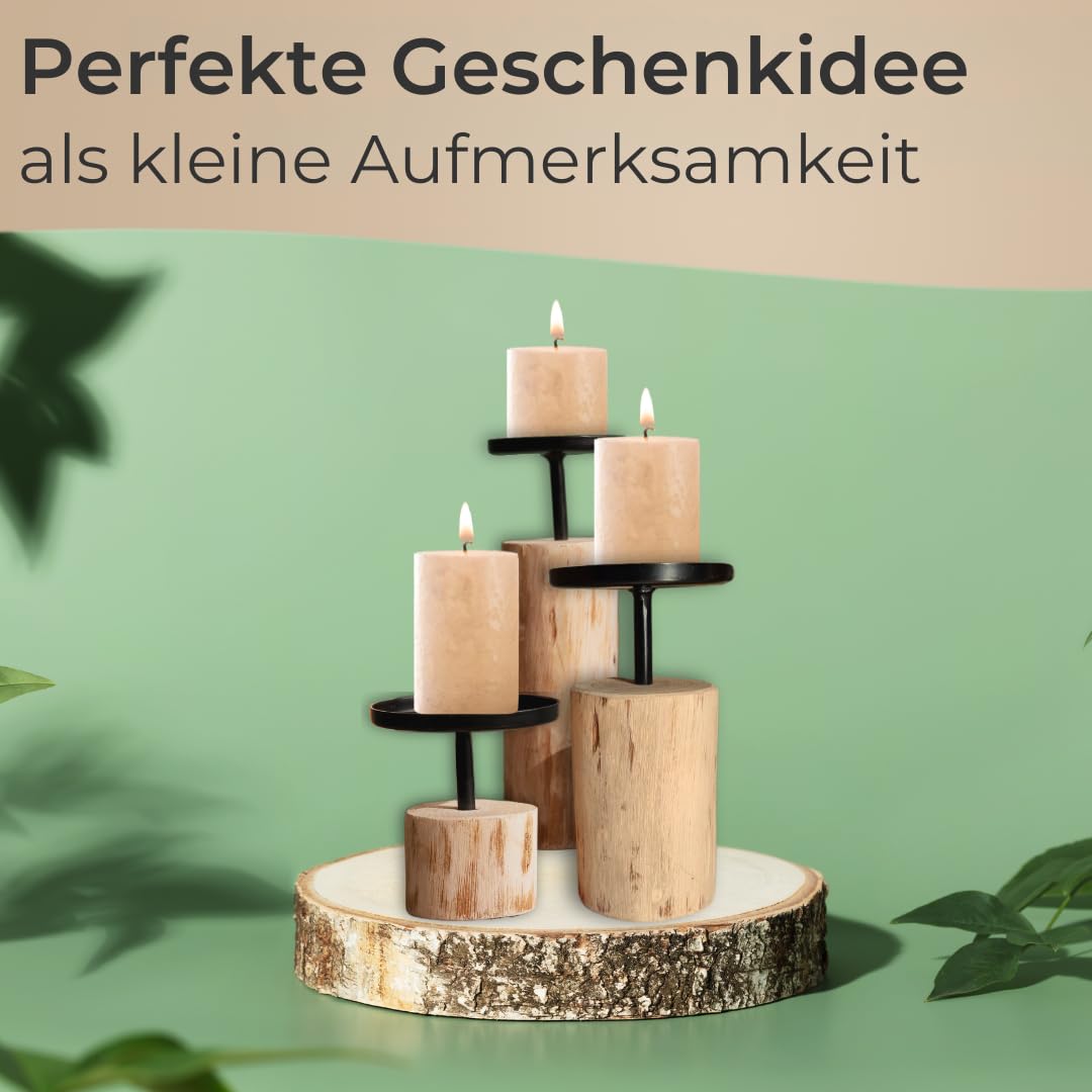 Set di 3 portacandele in legno di eucalipto e metallo, altezza 8-22 cm, elegante portacandele per candele a pilastro, consegna senza candele
