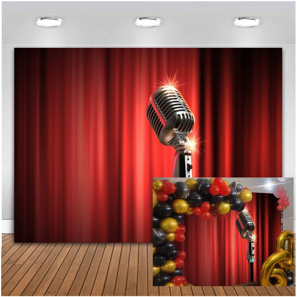 7x5ft Music Stage Backdrop Microphone Backdrop Red Curtain Stage Photography Background Music Themed Party Photo Studio Props TAY1330