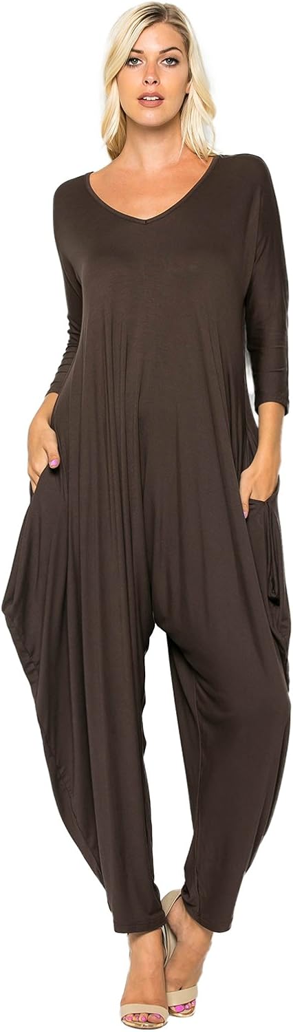 Annabelle Women's Loose Fit Solid Long Sleeve Harem Pants Jumpsuits with Pockets