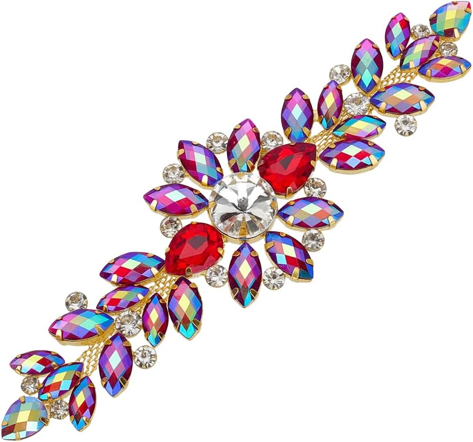 FINGERINSPIRE Flower Rhinestone Applique with Metal Chain Back 2.1x7Inch Golden Claw Rhinestone Appliques Wedding Floral Crystal Trim Indicolite Color Crystal Sewing Patch for Bridal Dress DIY