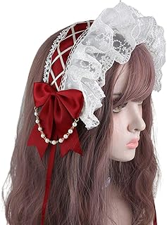 女性頭飾りメイドフリルレースヘアアクセサリーヘッドバンド甘いリボンちょう結び真珠チェーンヘアバンド真珠チェーンバンダナ