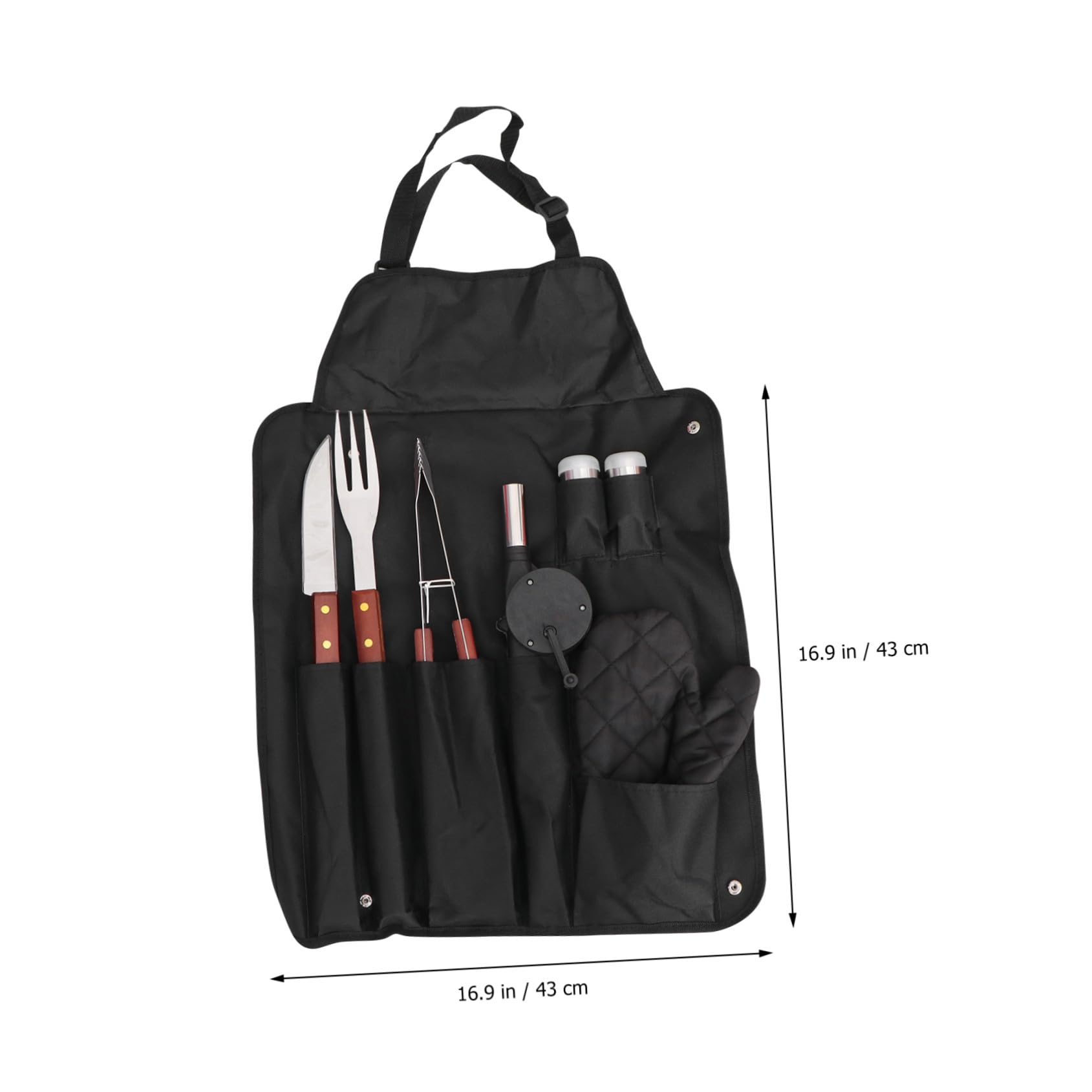 1 Satz Edelstahl Grillbesteck mit Holzgriff, Schwarz, Outdoor BBQ | Grillschürze und Handschuh Enthalten, Aufbewahrungstasche Dabei, für Camping und Grillparty