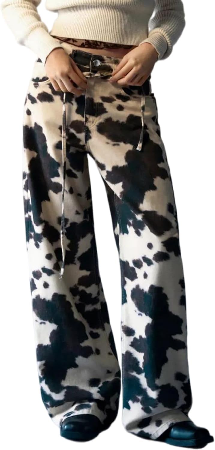 yoeasy Womens Wide Leg Jeans Cow Print High Waisted Straight Leg Vintage Baggy Denim Pants with Pockets