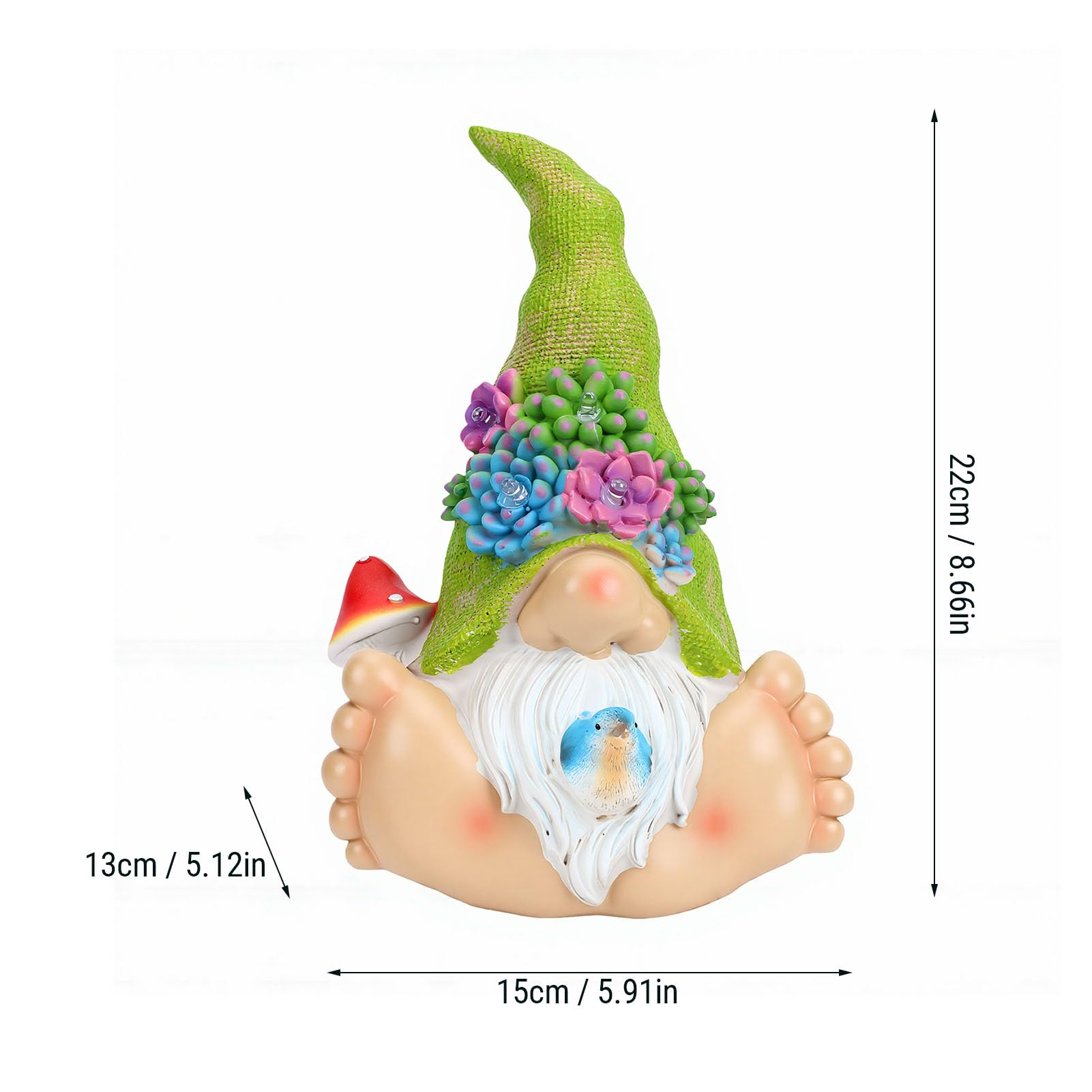 EMUKOEP Statua da Giardino Gnomo Solare con Fiori Succulenti a LED, (A)