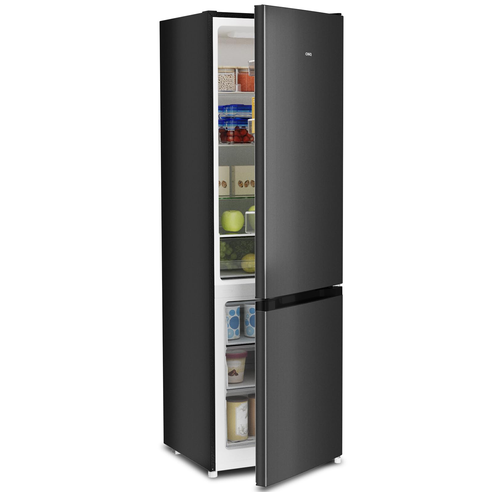 CHIQ Kühl/Gefrie Kombination 262L, XL Obst- & Gemüseschubladen, 4-Sterne Gefrierleistung | 137 kWh/Jahr, LED-Licht| 54cm B, 55cm T, 176cm H | | 38dB, Wechselbartür, Schwarz, CBM260LC