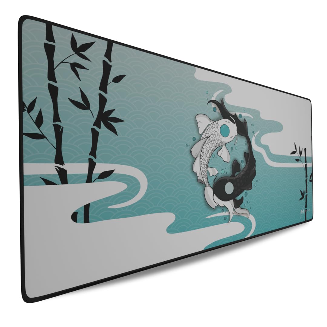 Nyfter - Alfombrilla de ratón XXXL Koi Bamboo para videojuegos, 1200 x 600 x 3 mm, 3XL, alfombrilla de ratón para gaming, de gran tamaño, impermeable, para jugadores profesionales (azul y blanco)