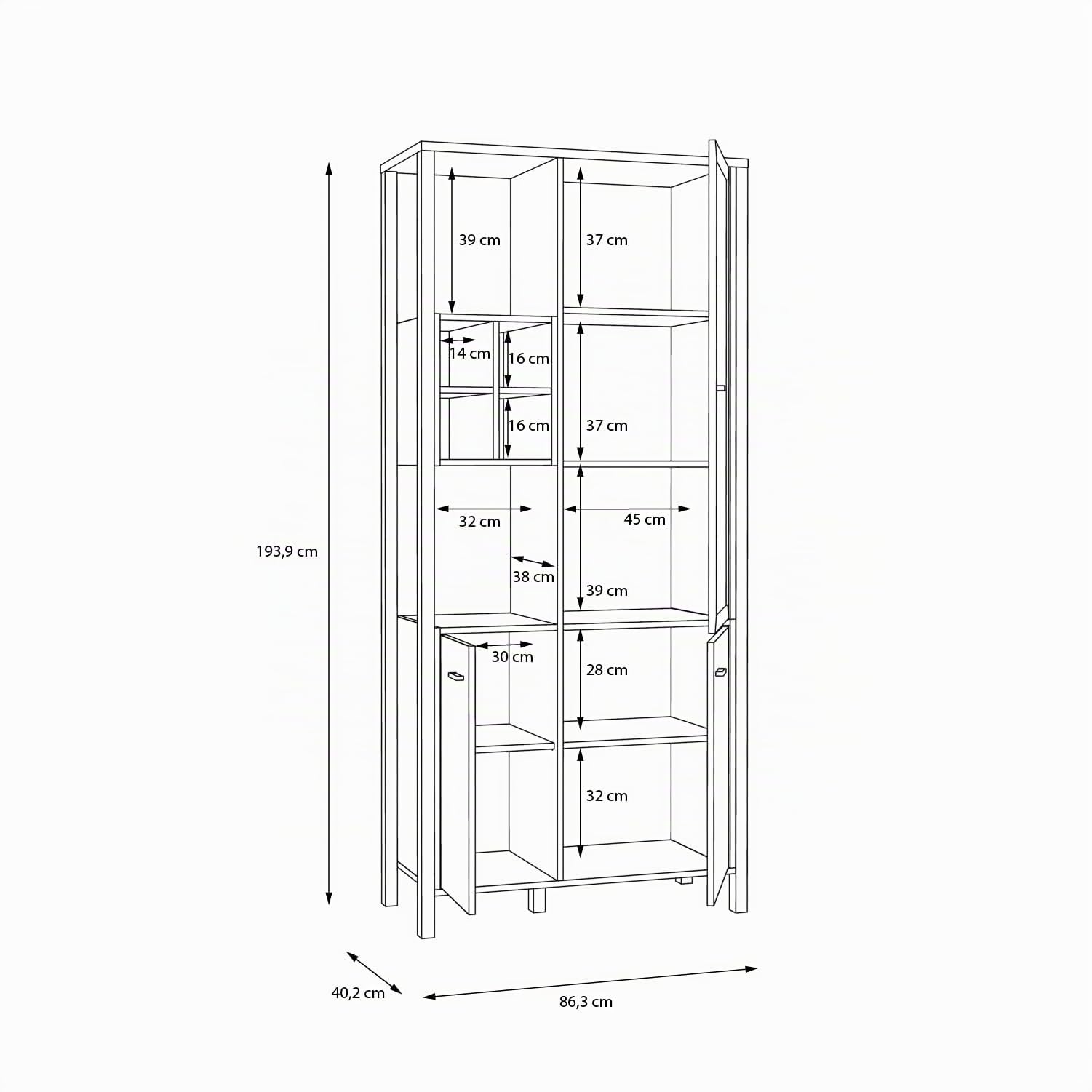 Forte HIGH Rock Vitrine 90, Vitrine mit 2 Türen und 1 Glastür, Standvitrine, Industrial Stil Vitrine, Holzwerkstoff, Riviera Eiche Holzdekor/Schwarz, 86,3 cm breit x 193,9 cm hoch x 40,2 cm tief