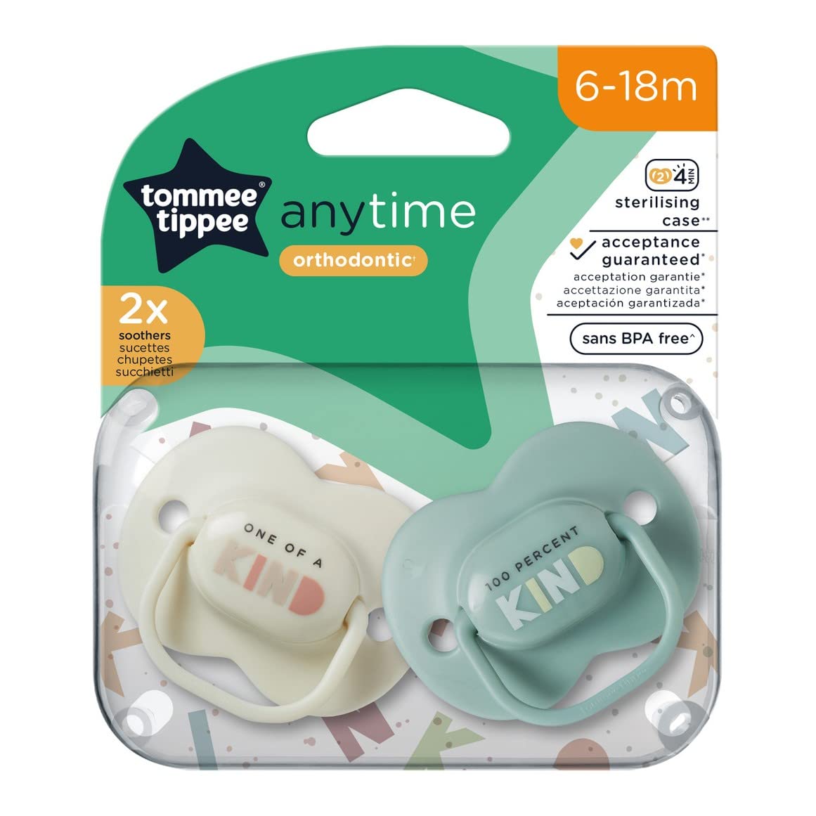 Tommee TippeeAnytime Soothers, Symmetrical Orthodontic Design, BPA-Free Silicone Baglet, Includes Steriliser Box, 6-18m, Pack of 2