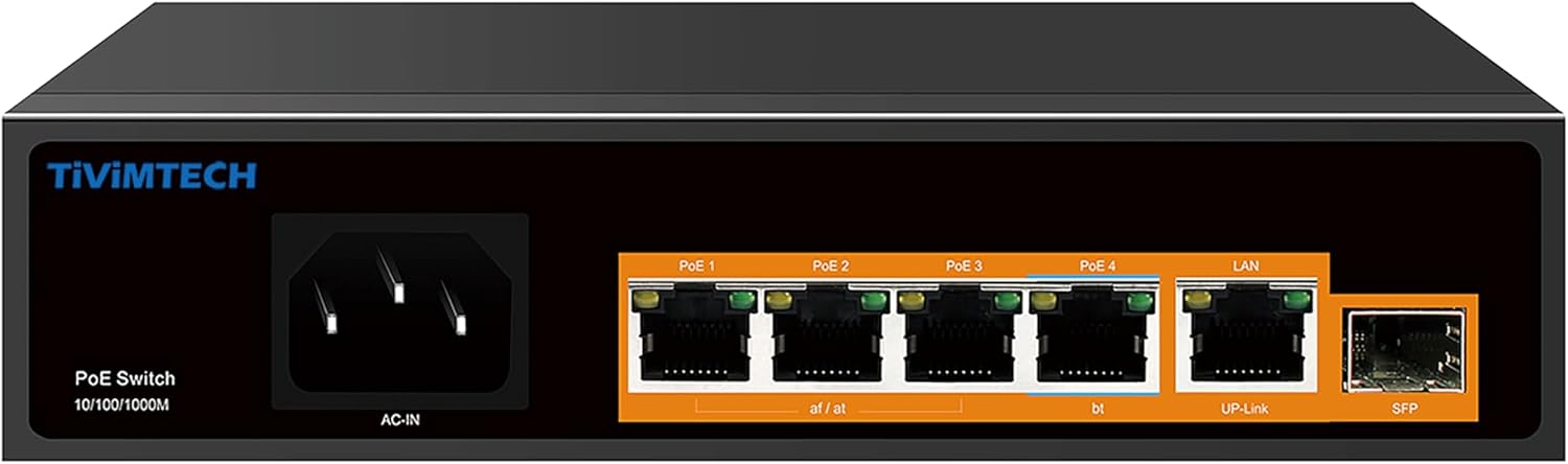 6 Port PoE Switch with 2 Uplink Network Switch Ethernet Switch PoE++ Port 802.3af/at/bt Compliant Durable Metal with 65W High Power Unmanaged Plug and Play AI Watchdog