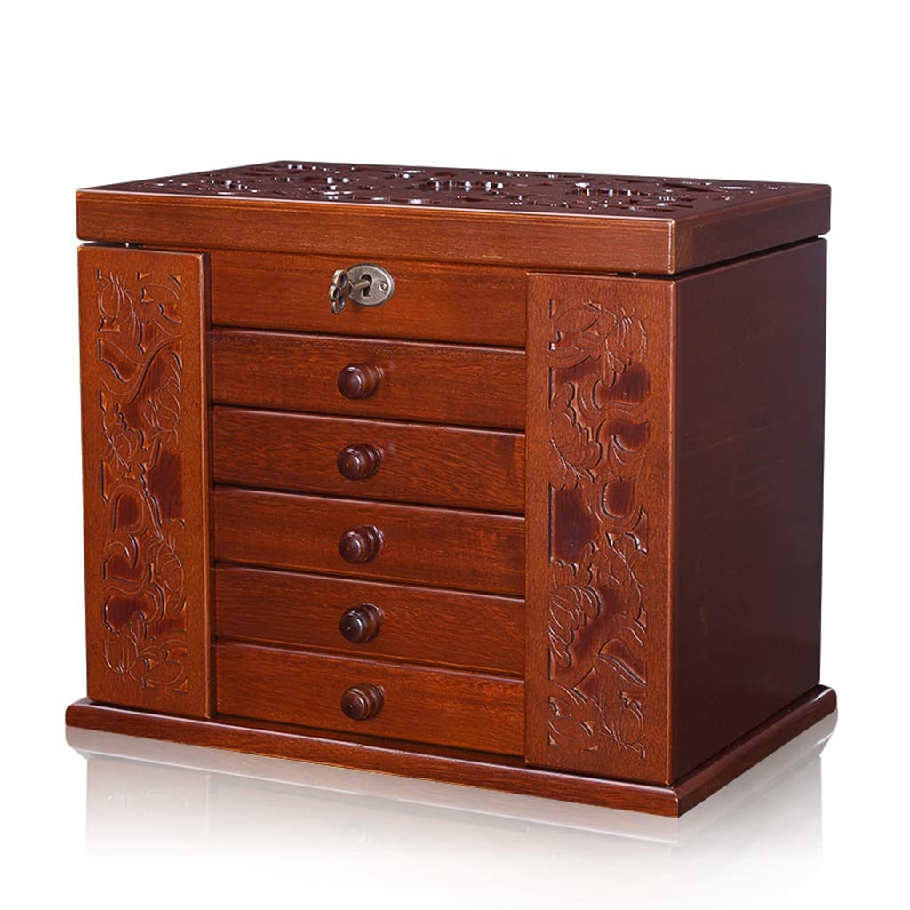 Lshtshf-ou Jewelry Box Solid Wood Wooden Lock Storage Princess Multi-Layer Large Capacity With Mirror Organizer(Red)