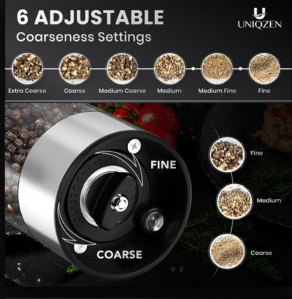 Uniqzen Electric Salt & Pepper Grinder Set – Rechargeable, Stainless Steel, Adjustable Coarseness, One-Hand Op - View #4