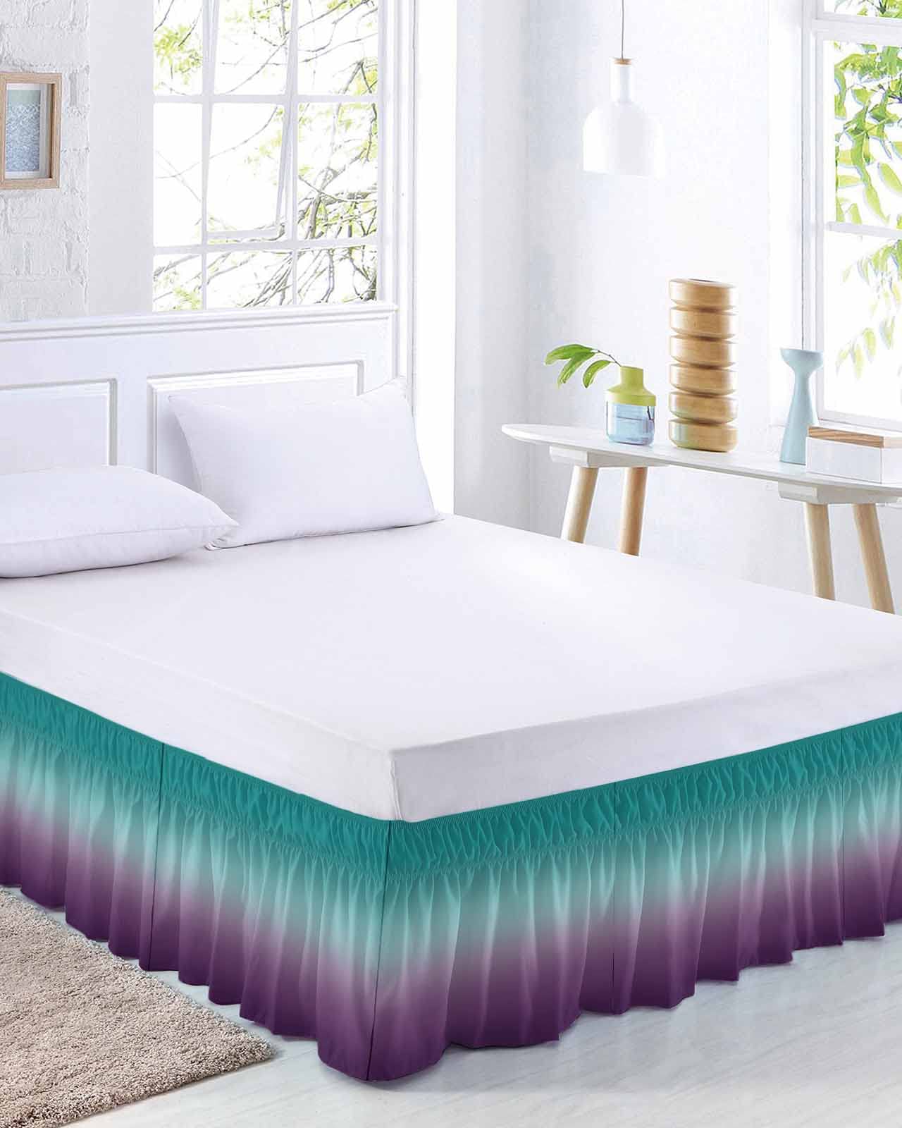 Teal Purple Ombre Bed Skirt Queen Size 18 Inch Drop, Adjustable Elastic Bedskirt Dust Ruffle for Queen Bed, Turquoise Gradient Modern Abstract Art Wrap Around Bed Skirts Pleated Bed Frame Cover