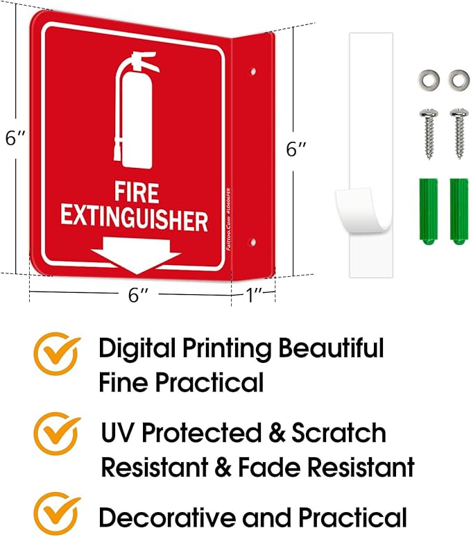 Faittoo Fire Extinguisher Sign, 2 Pack Fire Extinguisher with Down Arrow - 6 x 6 Inches Acrylic Plastic, 2 Pre-Drilled Holes, Includes Matching Screws, Use for Home Office/Business