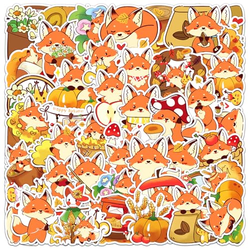 50Pcs Fox Stickers, Waterproof Kawaii Vinyl Animal Stickers for Water Bottles, Laptops Phones Skateboards Guitars, Cute Cartoon Stickers for Kids, Teens Boys Girls Adults