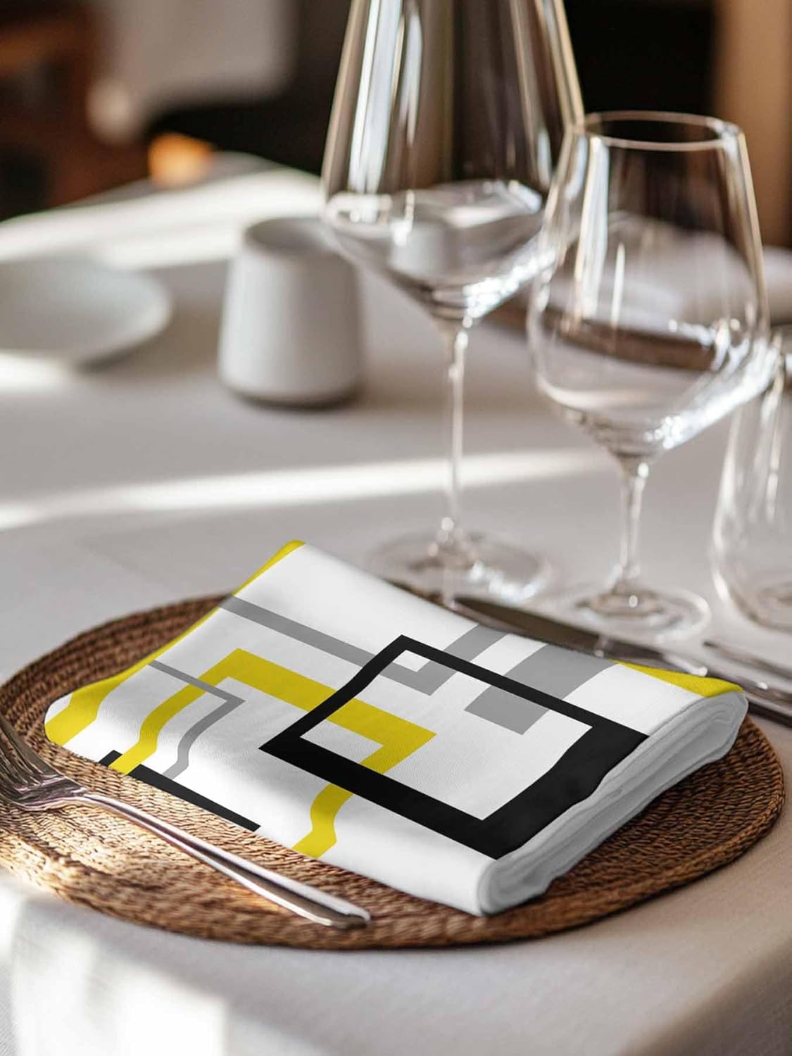 Yellow Geometric Cloth Napkins Set of 8, Black Yellow Gray Abstract Lines Dinner Napkins,20x20 Inches Reusable Napkins Cloth Washable for Dinner Party Wedding and Everyday Use