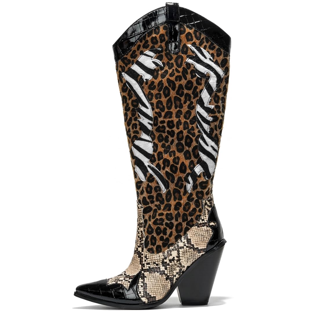 Cape Robbin Women's Animal Print Cowboy Boots 12-Inch Shaft Pull-On Pointed Toe - Western Cowgirl Boots with 3 Inch Block Heel & Comfort Insole (