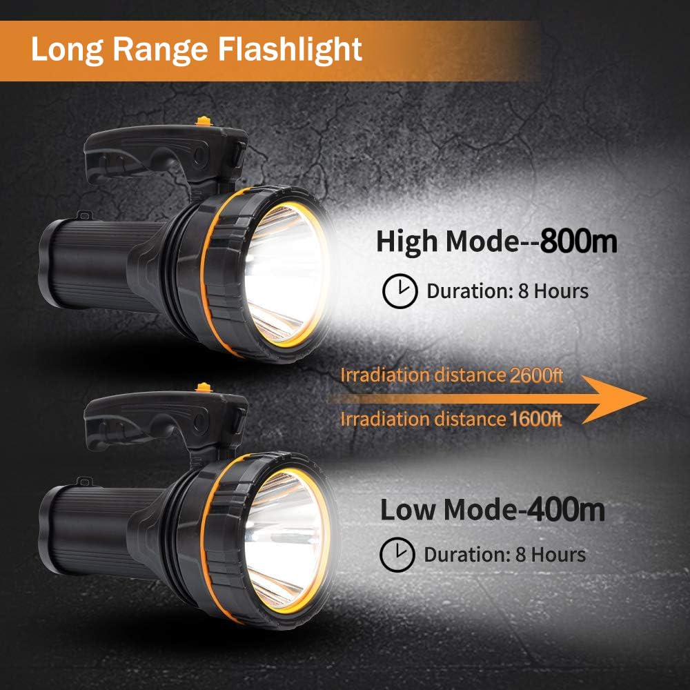 Lampe Torche Led Ultra Puissante USB C Rechargeable Grande 4 batterie 10000mah, Lampe de Poche Longue Portée 800M Lumens élevés, Grosse Piles Portable avec bretelle, pour la maison/plein air