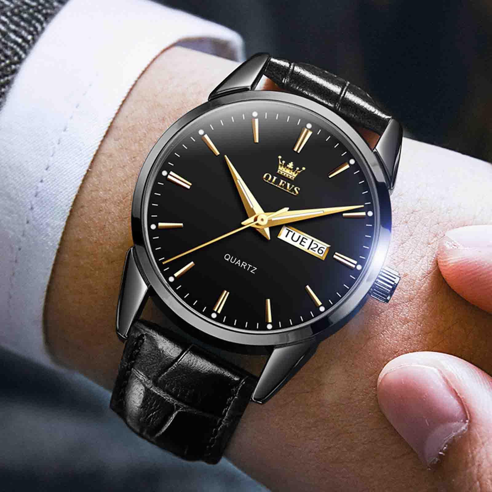 OLEVS Orologio da uomo, luminoso, casual, in pelle, facile da leggere, al quarzo, con data, impermeabile, blu/nero/analogico, orologio da polso da uomo