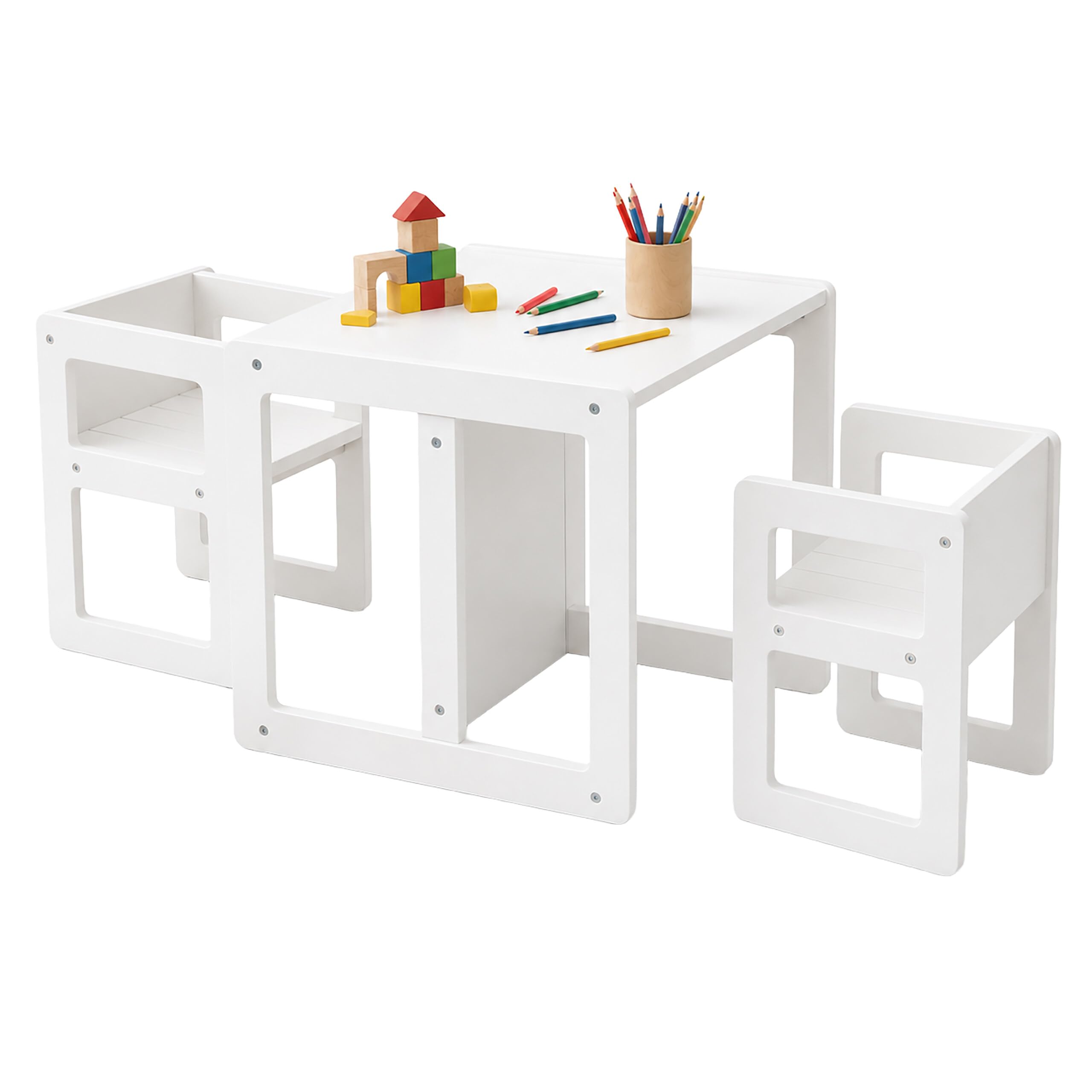 Relaxdays Conjunto Infantil 3 Piezas, 2 sillas, Mesa Convertible en Banco, 2 Alturas, Estilo Montessori, Color Blanco
