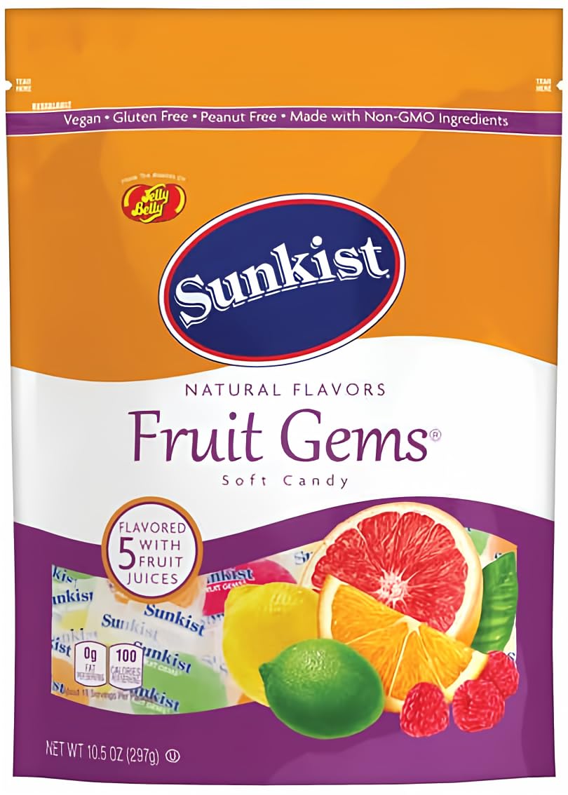 Jelly Belly Sunkist Assorted Fruit Gems, Resealable 10.5 Ounce Pouch Bag - 5 Intense Fruit Flavors, non-GMO, Individually Wrapped Candy