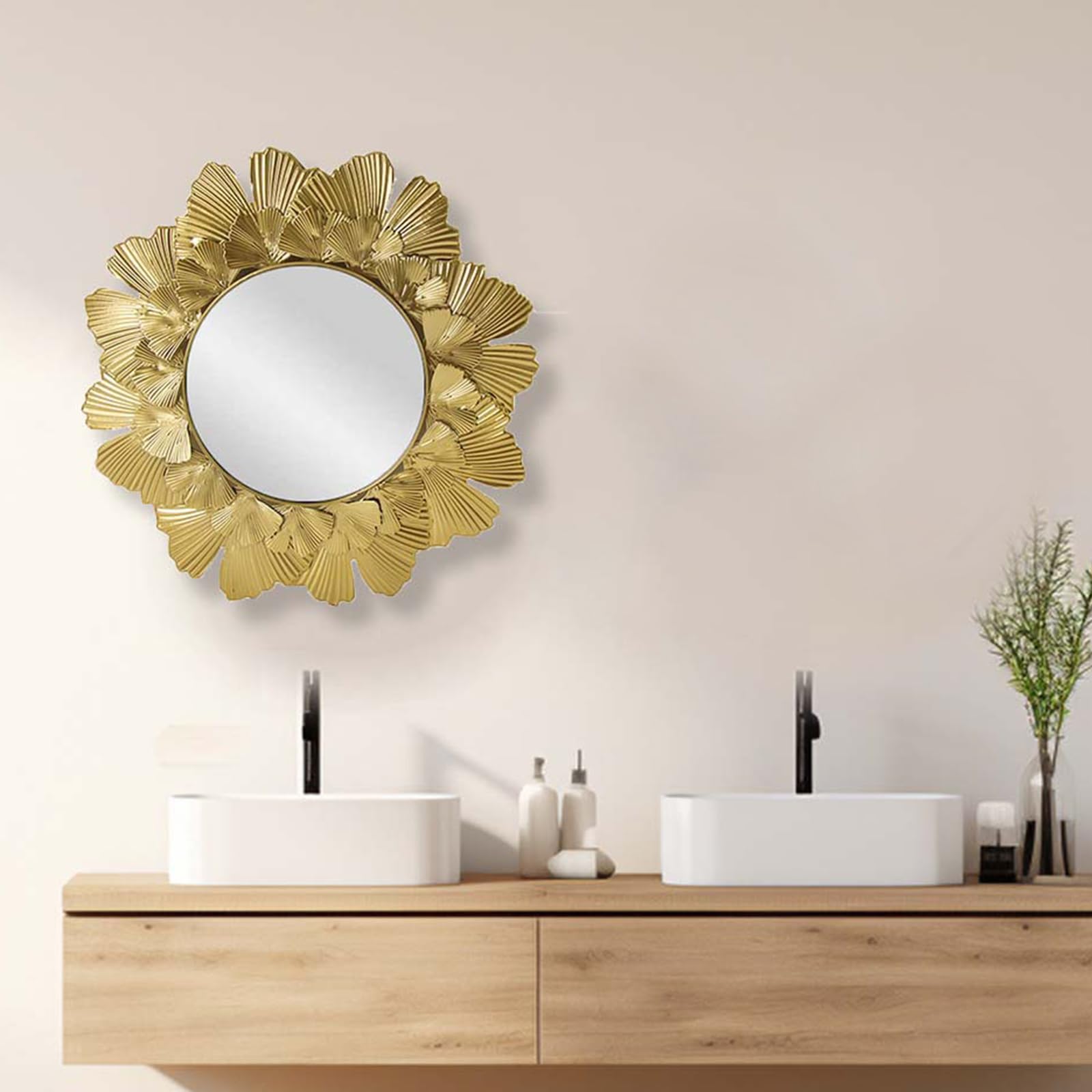 Espejo decorativo para el sol, metal, hoja de oro, espejo redondo para baño, diámetro exterior 37 cm, espejo de 15 cm (dorado)