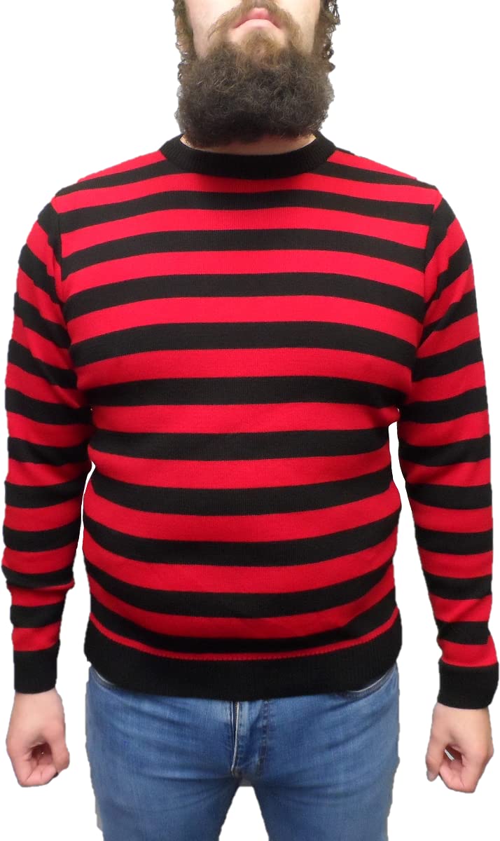 Mazeys Mens Retro Striped Jumper (Red/Black Large) Crew Neck Long Sleeved