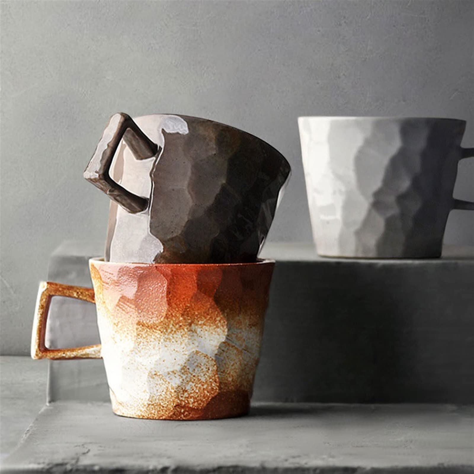 Wasserbecher 280 ML Retro Becher Steingut Kaffeetasse Einfache Haushalt Unregelmäßige Handgemachte Kaffeetasse Lsolierter Becher(C)