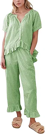 Flygo Womens Plaid 2 Piece Pajamas Sets Gingham Button Down Puff Sleeve Babydoll Shirt Ruffle Pants Y2K Pjs Lounge Set