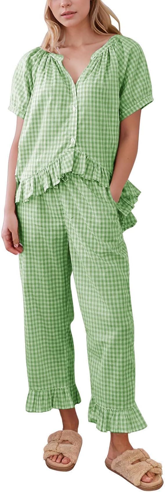 Flygo Womens Plaid 2 Piece Pajamas Sets Gingham Button Down Puff Sleeve Babydoll Shirt Ruffle Pants Y2K Pjs Lounge Set