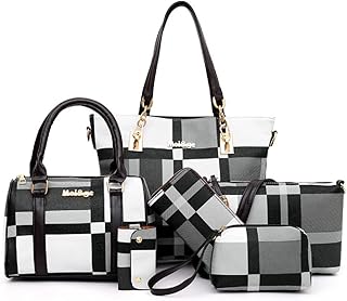 YOUNXSL 6-PC Women PU Handbag+Shoulder Bag+Crossbody Bag+Purse+Clutch+Key Bag Fashion Satchel Tote Top-Handle Bag Black