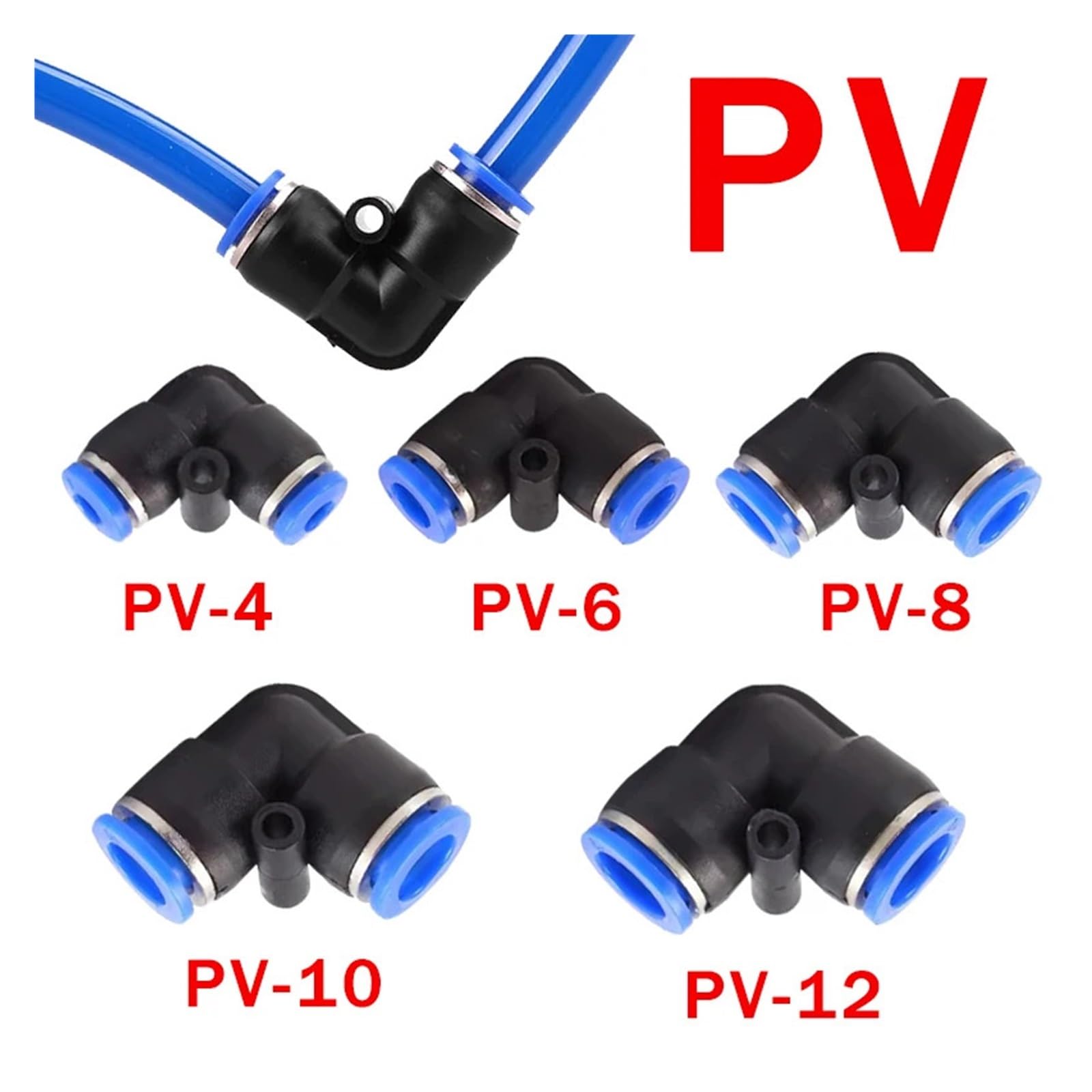 Conectores Neumáticos 10 Uds codo de grado PV conector rápido neumático de plástico 4mm 6mm 8mm 10mm 12mm tubo de manguera de aire conector de agua de empuje(PV-12,50 PCS)