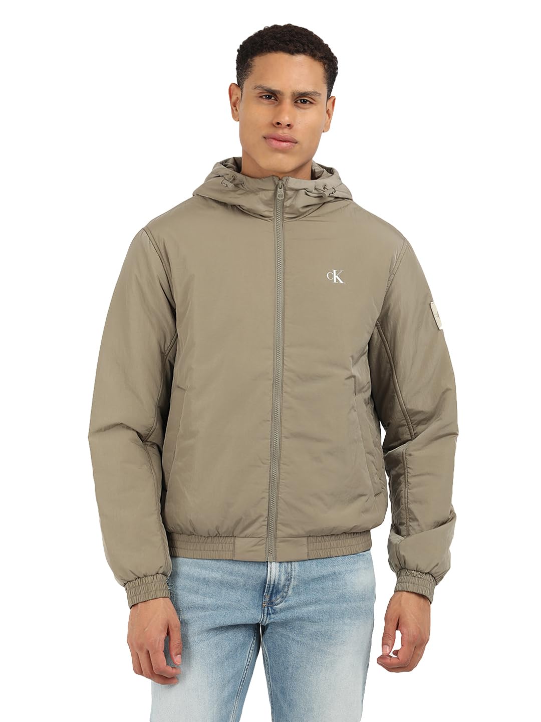 Calvin Klein Jeans Men's Padded Hooded Transitional Jacket, Beige (Brindle), XL