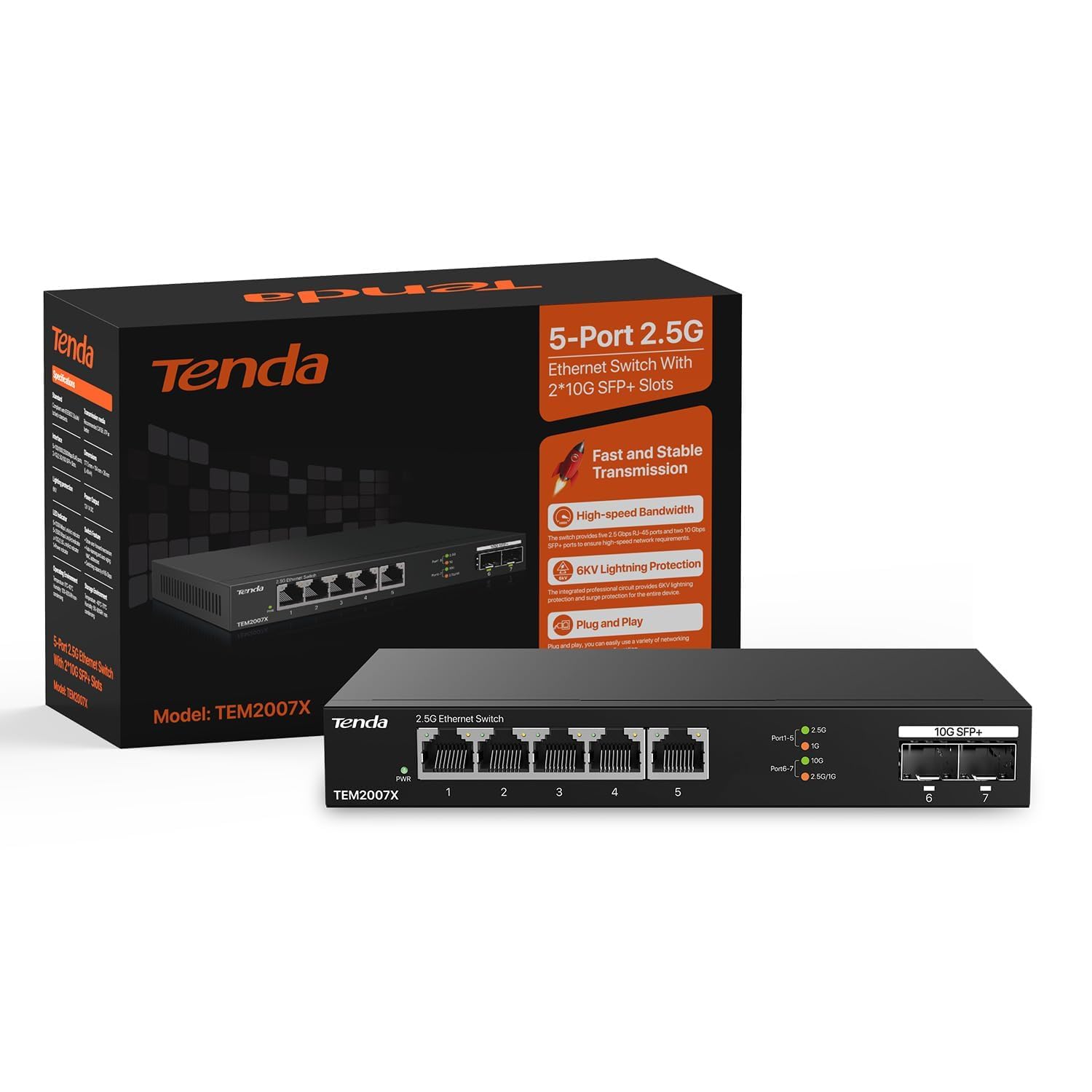 Tenda TEM2007X Switch 2.5G 5 Ports (2 SFP+ 10G, Non Géré) | Switch Ethernet 2.5G 5 ports + 2 SFP+ 10G, VLAN, agrégation statique, plug & play, métal, noir